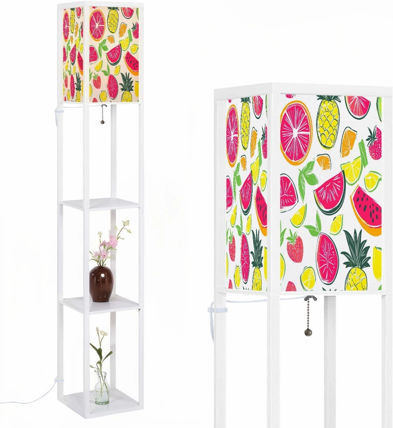 Girlish Funny Wallpapers Seamless Pattern Yellow Floor Lamps with Shelves, Modern Standing Lamp Narrow Corner Display Bookshelf Lamp for Living Room, Bedroom, Office Decor