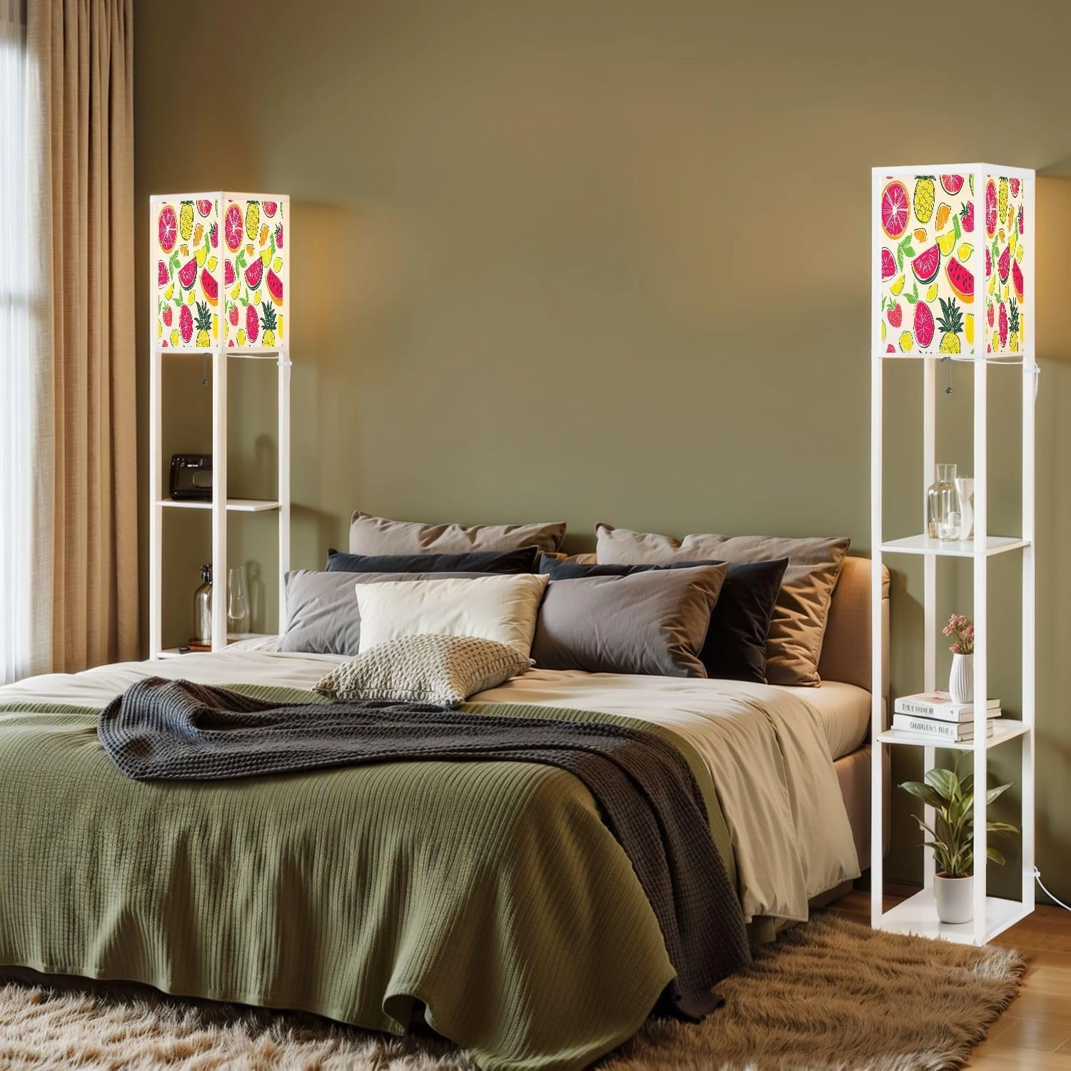 Girlish Funny Wallpapers Seamless Pattern Yellow Floor Lamps with Shelves, Modern Standing Lamp Narrow Corner Display Bookshelf Lamp for Living Room, Bedroom, Office Decor