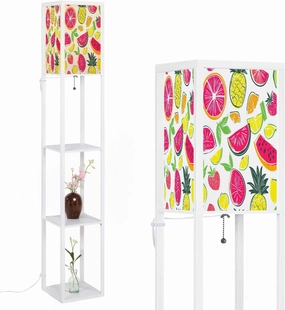 Girlish Funny Wallpapers Seamless Pattern Yellow Floor Lamps with Shelves, Modern Standing Lamp Narrow Corner Display Bookshelf Lamp for Living Room, Bedroom, Office Decor