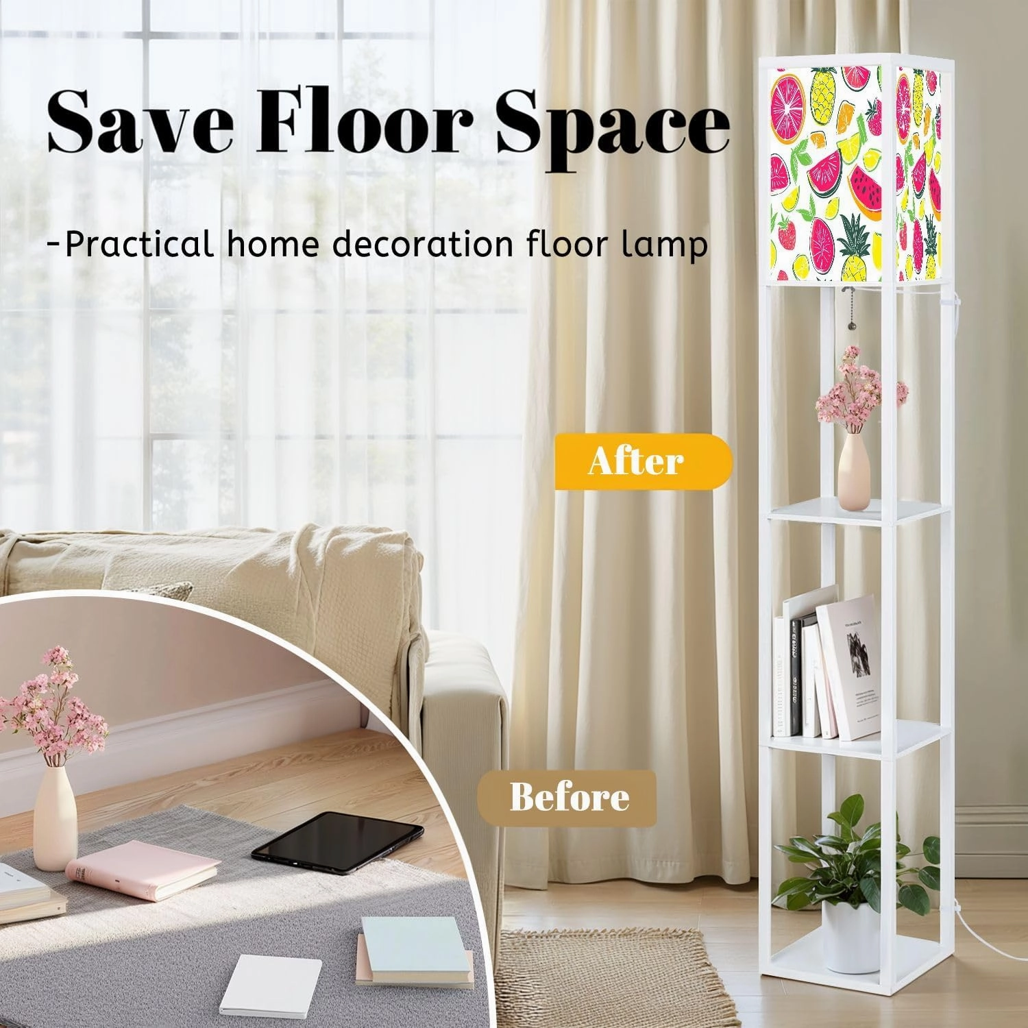 Girlish Funny Wallpapers Seamless Pattern Yellow Floor Lamps with Shelves, Modern Standing Lamp Narrow Corner Display Bookshelf Lamp for Living Room, Bedroom, Office Decor
