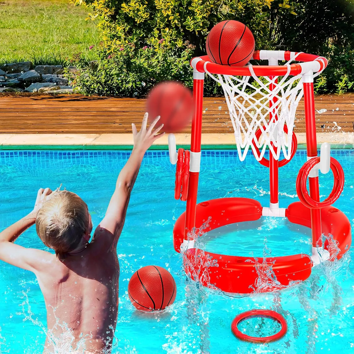 GMAOPHY Pool Basketball Hoop, 2-in-1 Poolside Floating Pool Basketball Game, Swimming Pool Games for Kids Adults Indoor Outdoor Play, Water Play Toy Family Party, Includes Hoop, Balls, Pump, Red