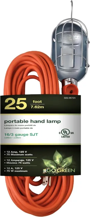 Go Green Power Inc. 25ft Portable Hand Lamp with 16/3 Kink-Free Cord (Bulb not included) - Durable Construction, Swivel Hook, and Built-In On/Off Switch - Ideal for Construction and Household Projects