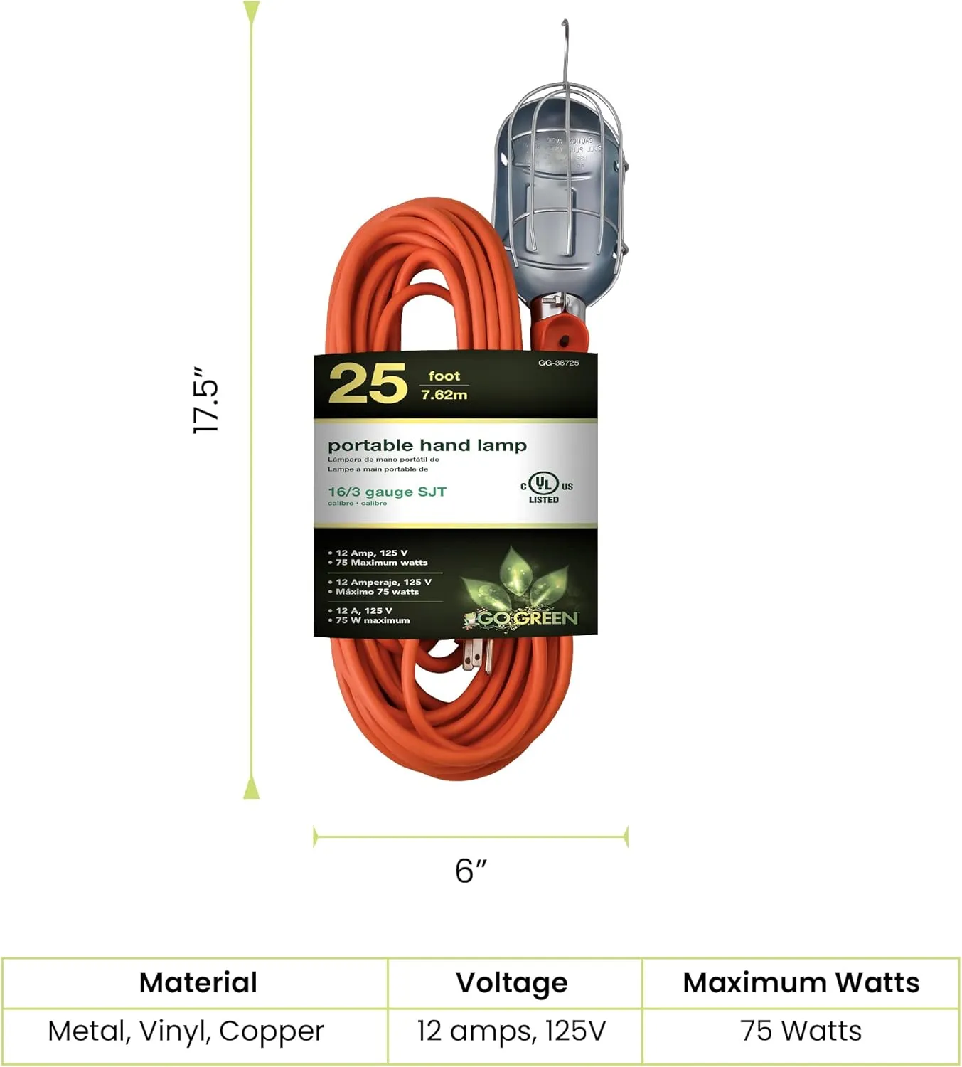 Go Green Power Inc. 25ft Portable Hand Lamp with 16/3 Kink-Free Cord (Bulb not included) - Durable Construction, Swivel Hook, and Built-In On/Off Switch - Ideal for Construction and Household Projects