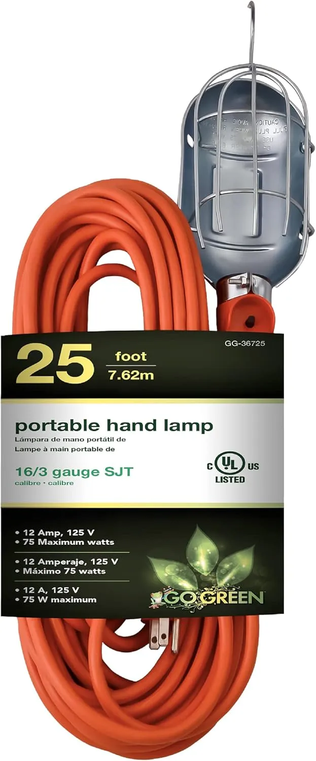 Go Green Power Inc. 25ft Portable Hand Lamp with 16/3 Kink-Free Cord (Bulb not included) - Durable Construction, Swivel Hook, and Built-In On/Off Switch - Ideal for Construction and Household Projects