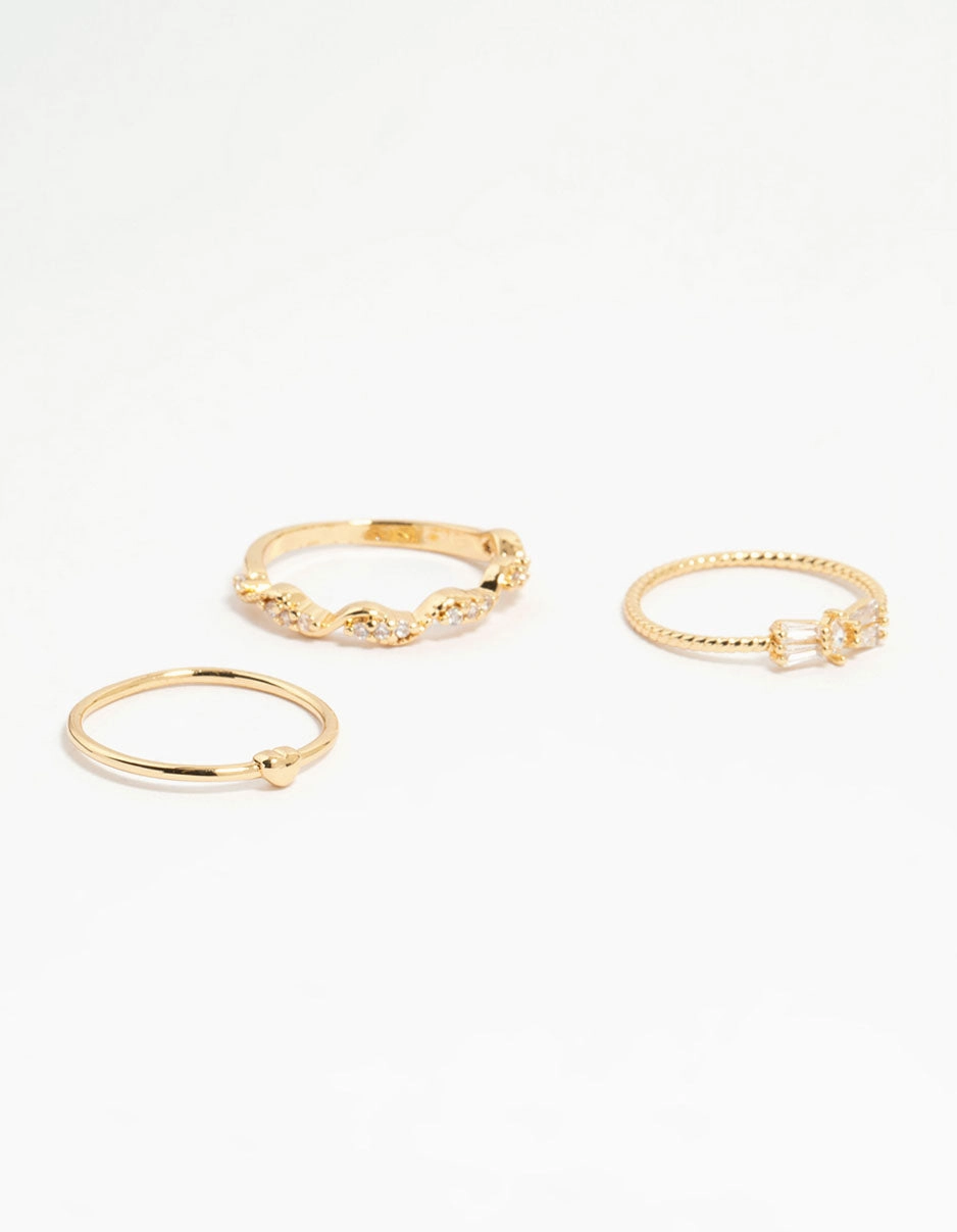 Gold Plated Bow & Mini Heart Stacking Rings 3-Pack