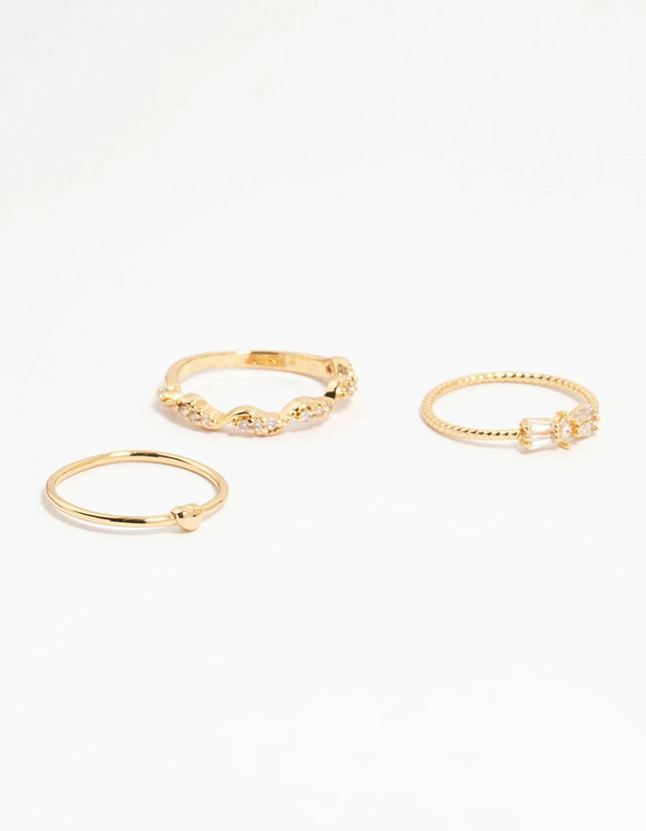 Gold Plated Bow & Mini Heart Stacking Rings 3-Pack