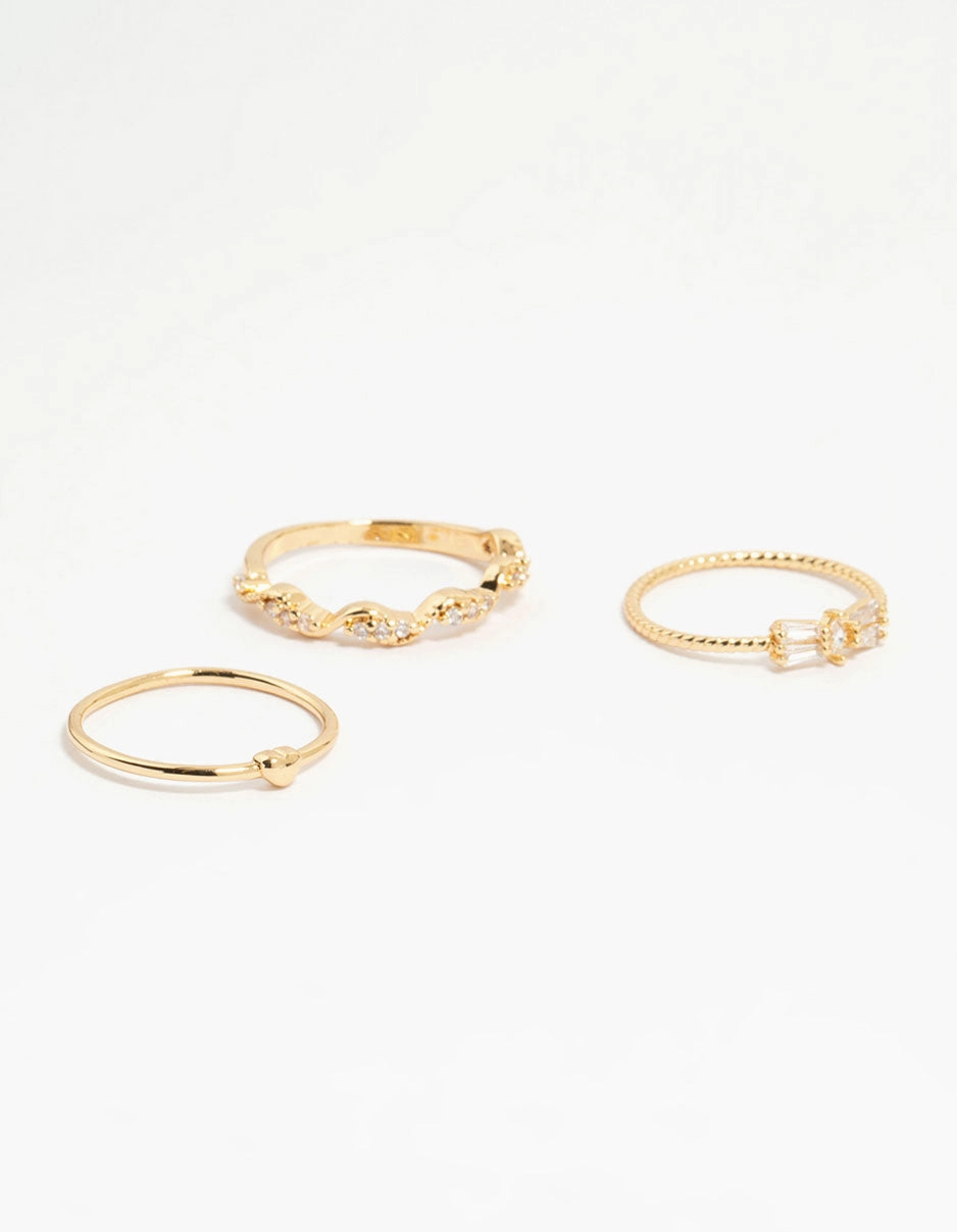 Gold Plated Bow & Mini Heart Stacking Rings 3-Pack