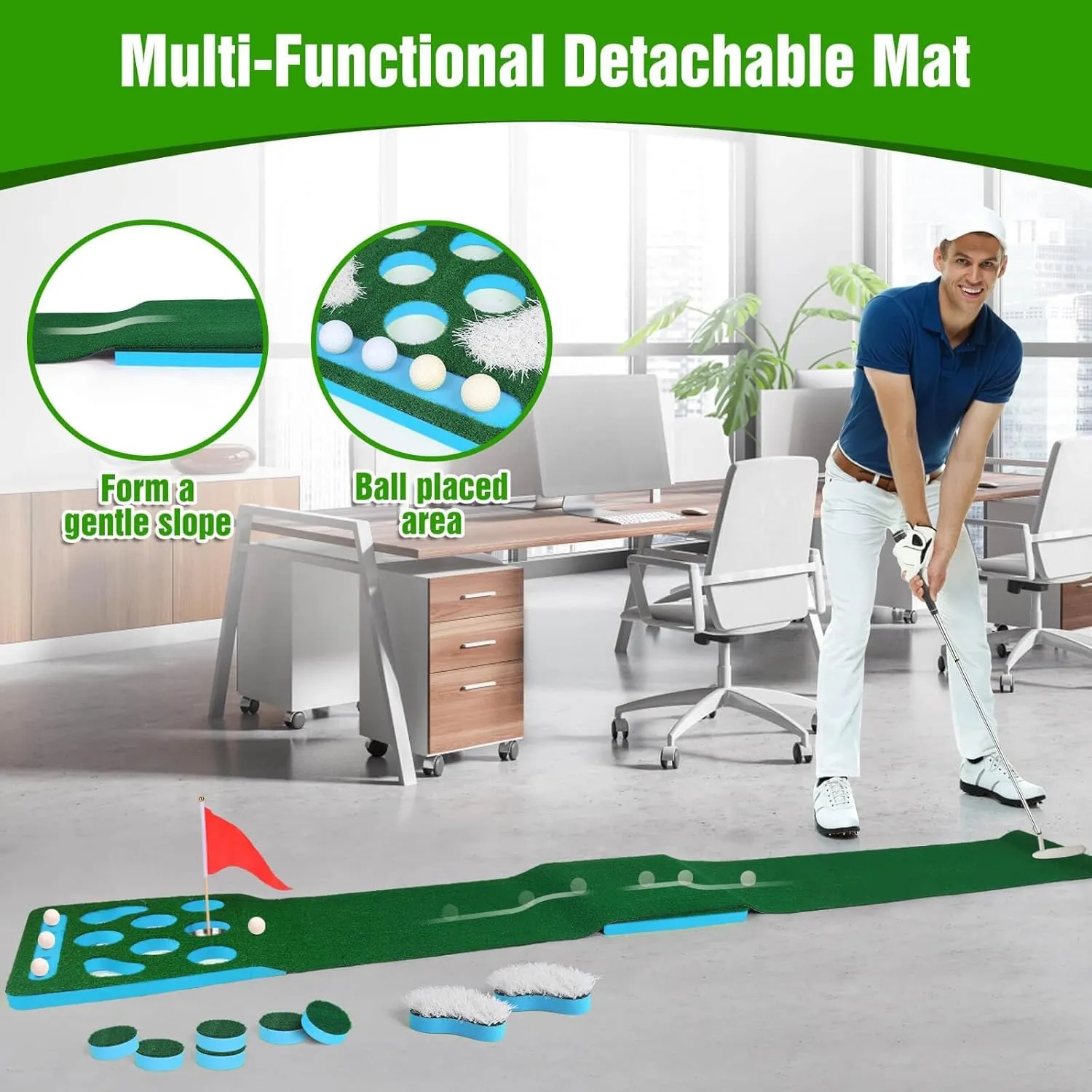 Golf Pong Game Set, Detachable Golf Pong Putting Mat with 4 Balls, 2 Cups & Flags, 1 Portable Bag, Putting Green for Indoor & Outdoor Party Game Use