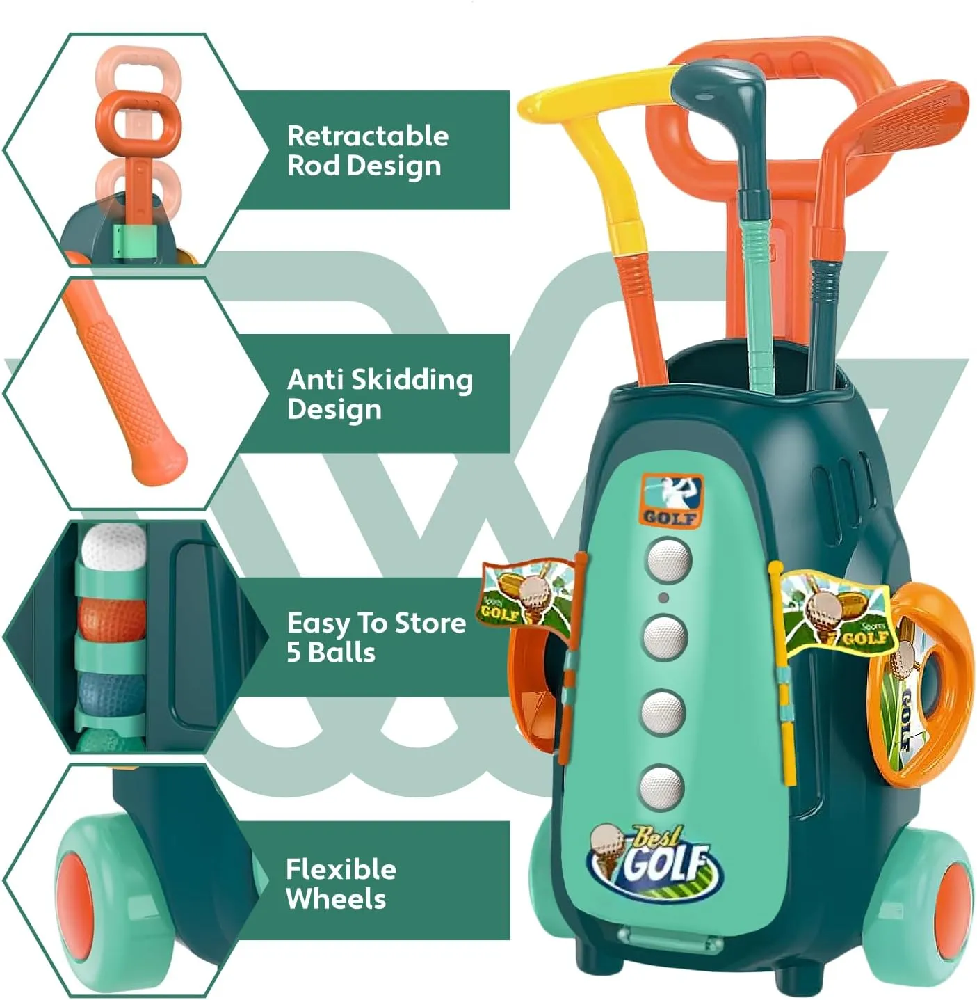 Golf Toy Kids Set - Children Minigolf Play Sport Game, Practice Indoor & Outdoor Activity, Girl & Boy 3 4 5 6 7 8 9 10 11 12 Year Old, Toddler Gift with Hole, Club, Ball, Trolley (Green)