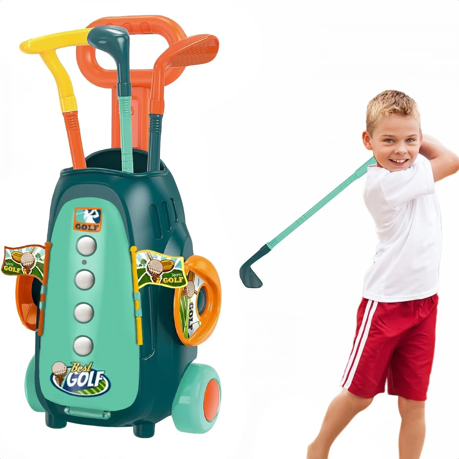 Golf Toy Kids Set - Children Minigolf Play Sport Game, Practice Indoor & Outdoor Activity, Girl & Boy 3 4 5 6 7 8 9 10 11 12 Year Old, Toddler Gift with Hole, Club, Ball, Trolley (Green)