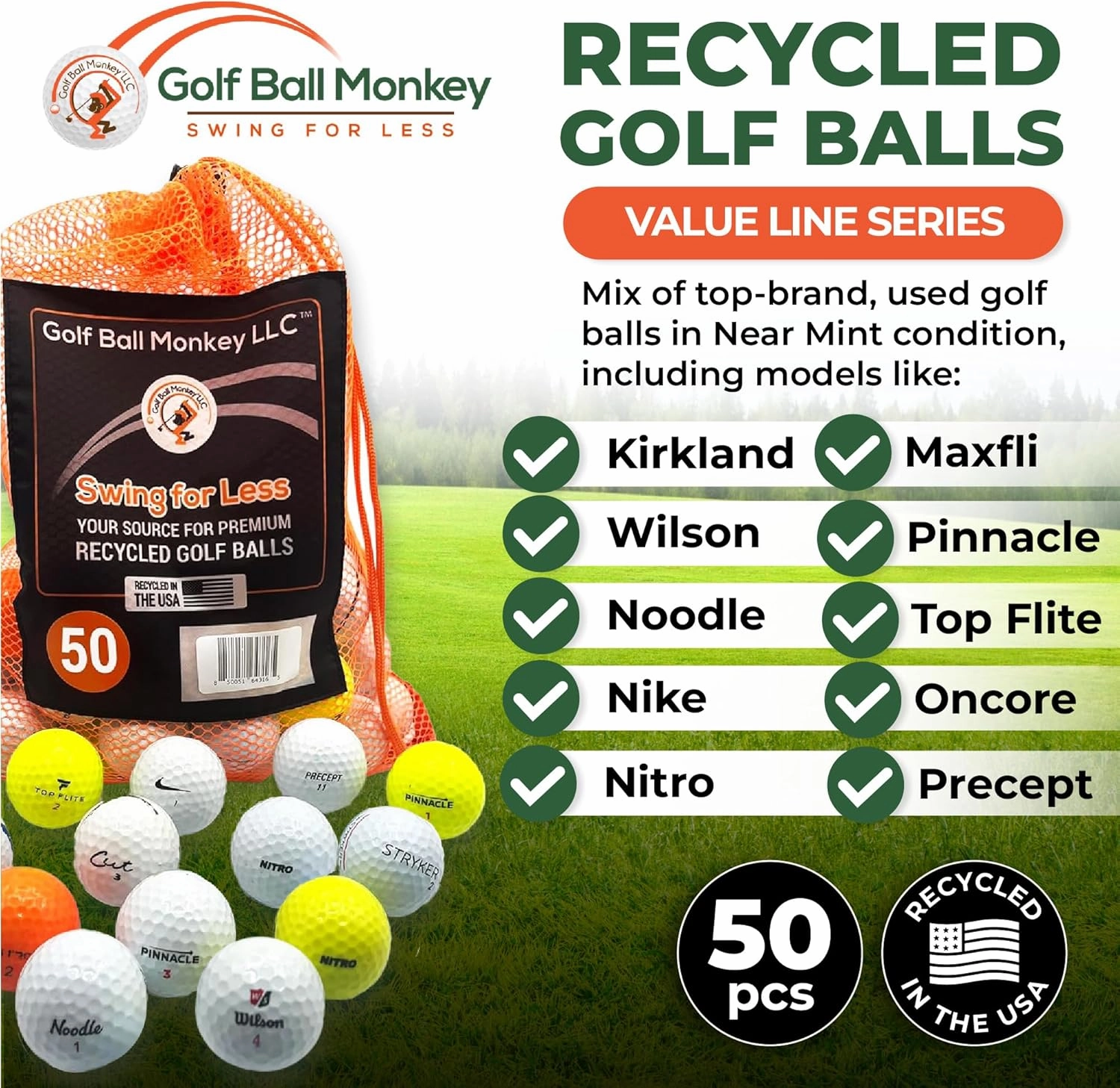 Golf Ball Monkey Cheap Golf Balls - Value Line Series Used Golf Balls Bulk with 15 Tees & Mesh Bag - 4A Near Mint Recycled Golf Balls Colored - Store Line Series Bulk Golf Balls Recycled for Men