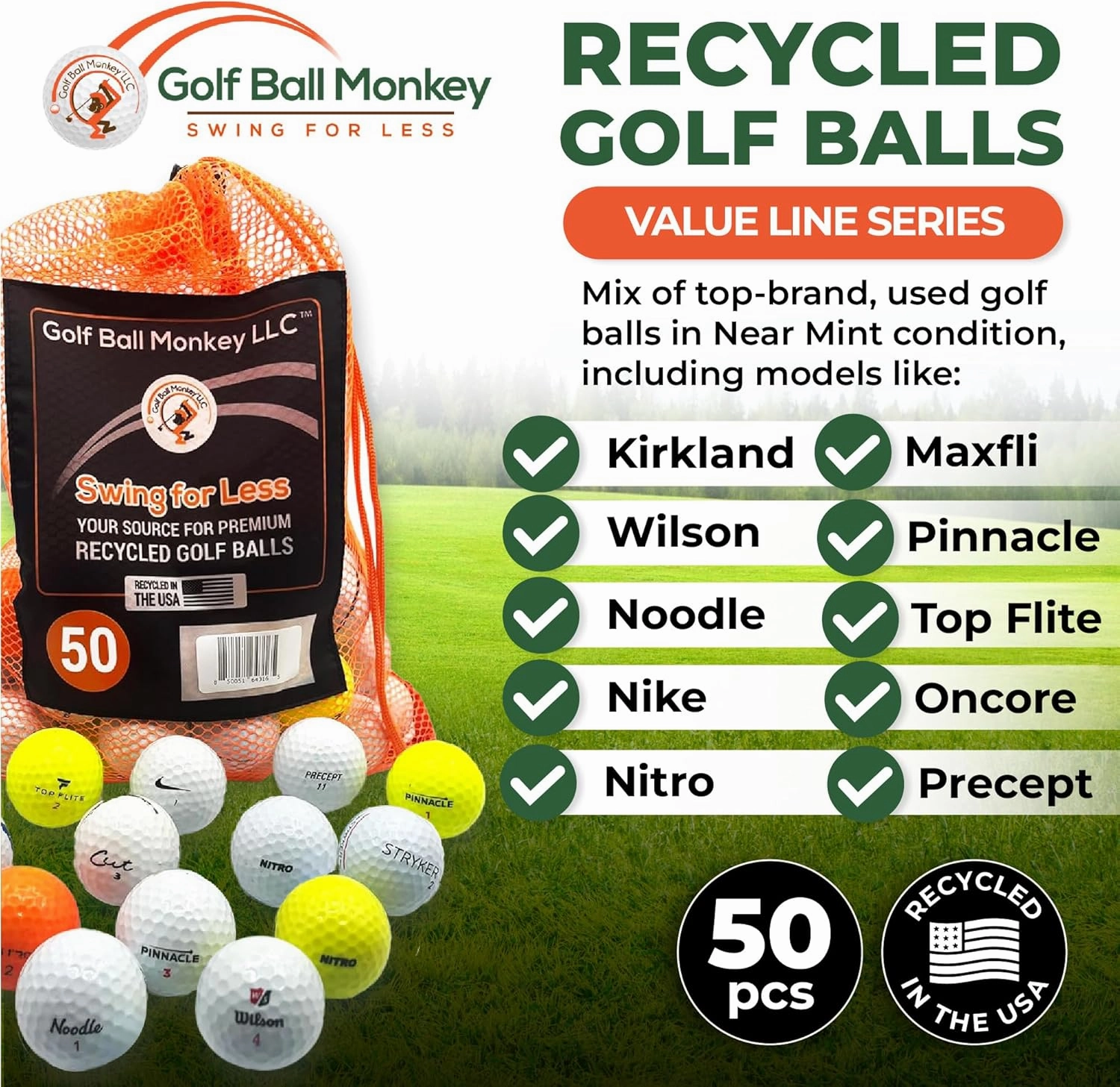 Golf Ball Monkey Cheap Golf Balls - Value Line Series Used Golf Balls Bulk with 15 Tees & Mesh Bag - 4A Near Mint Recycled Golf Balls Colored - Store Line Series Bulk Golf Balls Recycled for Men