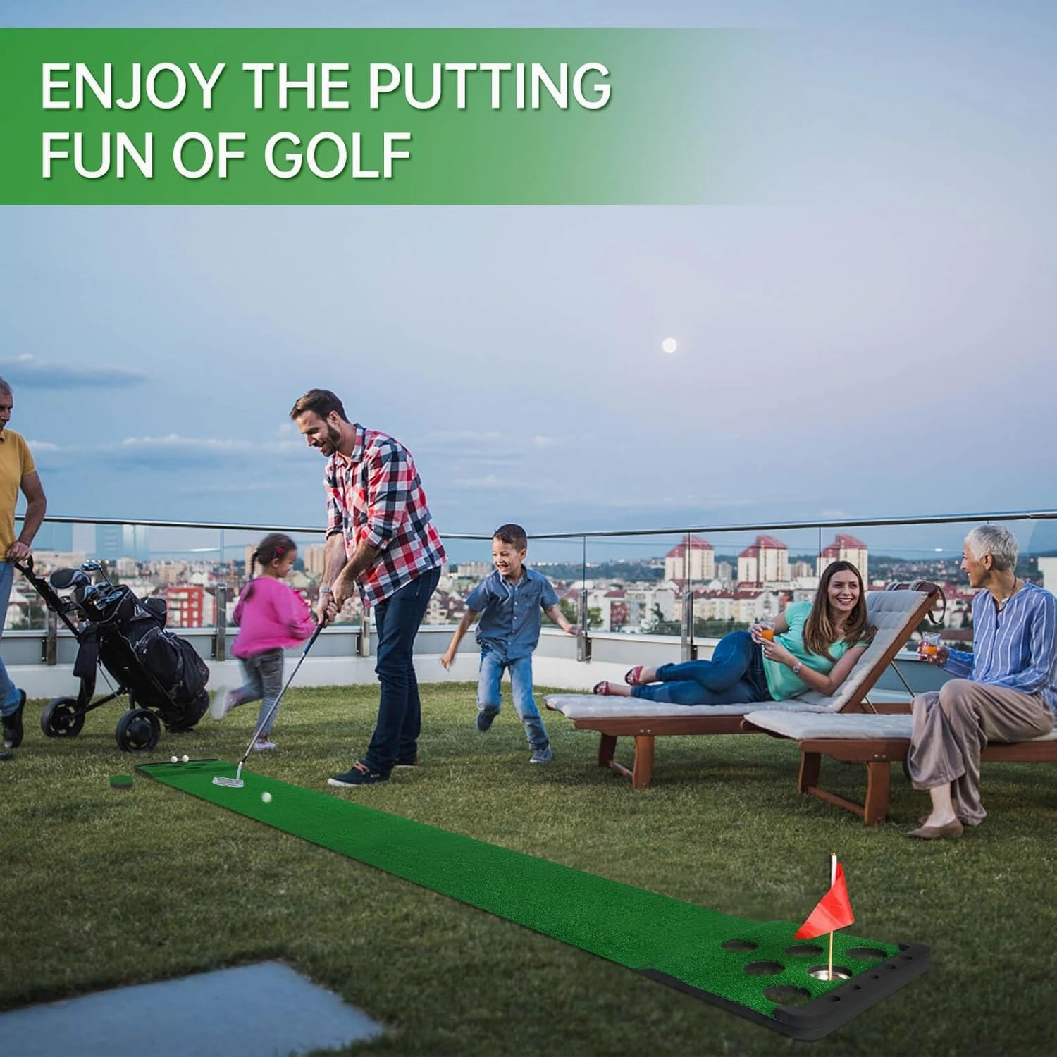 Golf Pong Putting Game Set with Front Border for Indoor & Outdoor, Golf Putting Green Mat Includes 4 Balls,1 Portable Bag,2 Flags and Cups, Practice Training Aid for Backyard, Party, Office