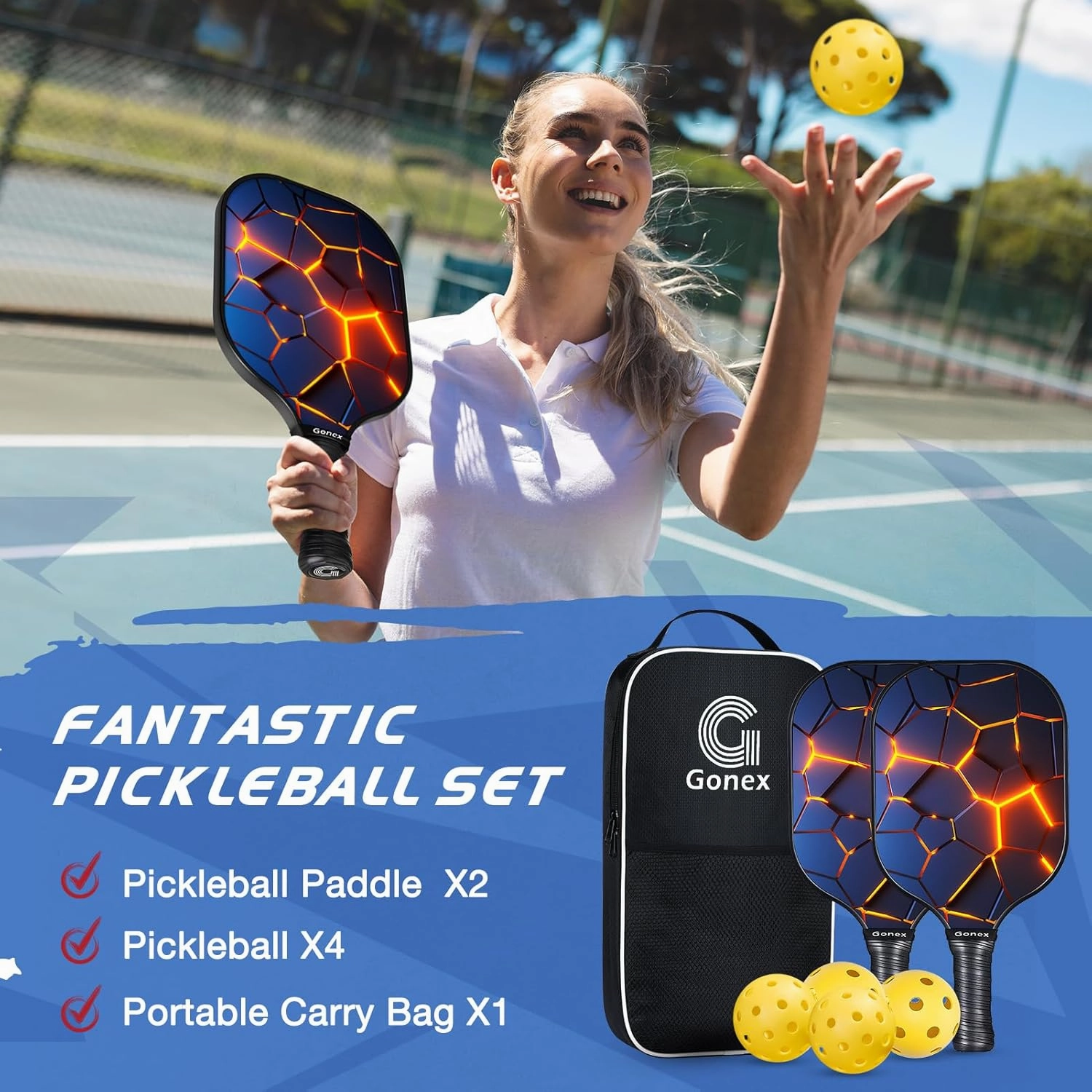 Gonex Pickleball Paddles, USAPA Approved Graphite Pickleball Rackets with Comfort Grip, Carbon Fiber Pickleball Set of 2/4 Paddles with 4 Balls, Portable Carry Bag