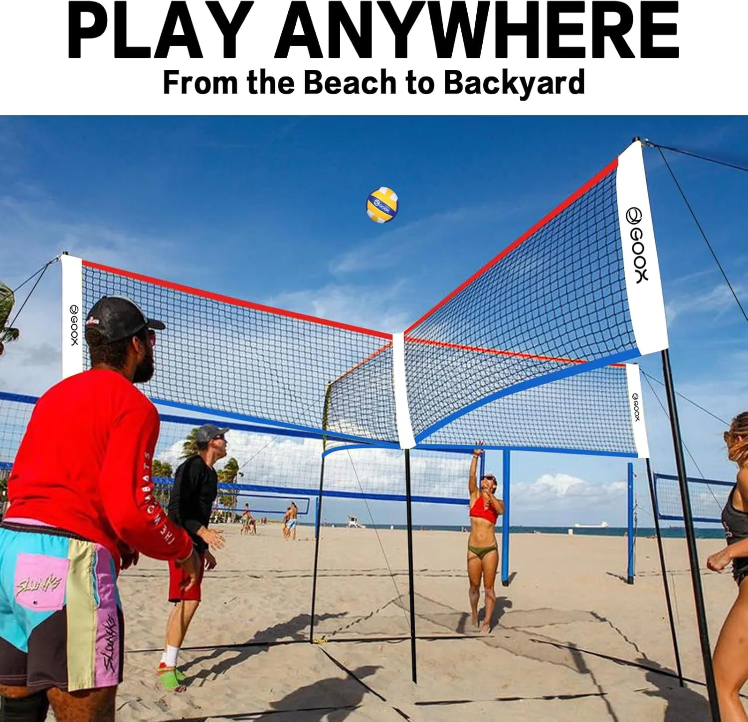 GOOX 4 Square Volleyball Net Game Set, 14 FT 4-Way Volleyball Net for Backyard Beach Lawn, Portable Four Square Volleyball Net for Adults & Youths with Vollyball, Pump, Carry Bag