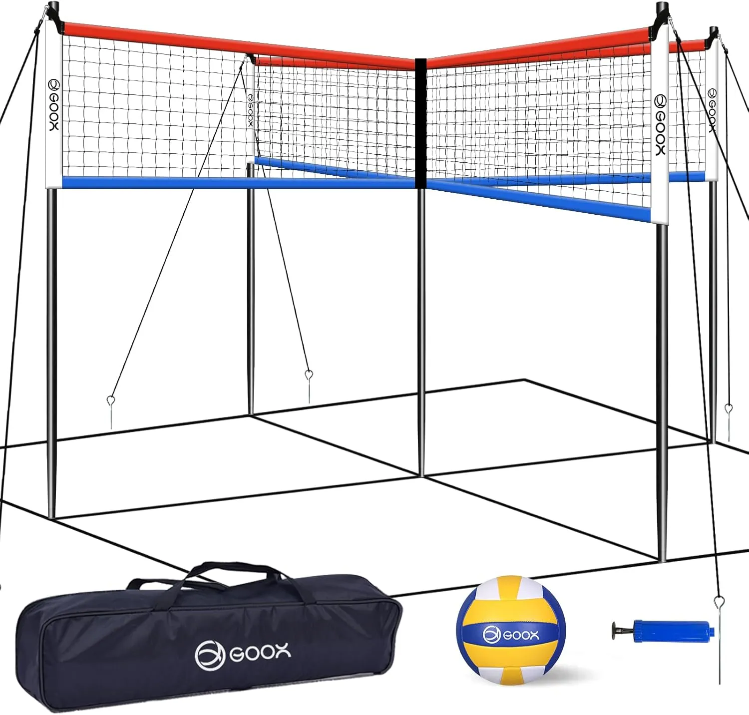 GOOX 4 Square Volleyball Net Game Set, 14 FT 4-Way Volleyball Net for Backyard Beach Lawn, Portable Four Square Volleyball Net for Adults & Youths with Vollyball, Pump, Carry Bag