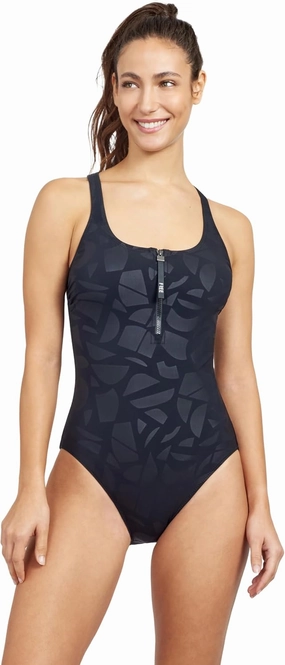 Gottex Women's Free Sport Geo Club Round Neck One Piece Swimsuit with Zip