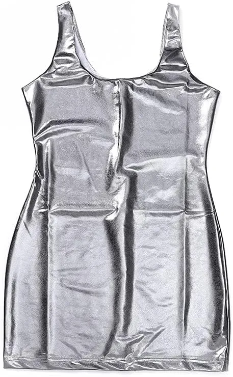 GRAEEN Women's Faux Leather Mini Dress Sleeveless Bodycon Tank Dress Short Leather Scoop Neck Dresses Party Clubwear Dress