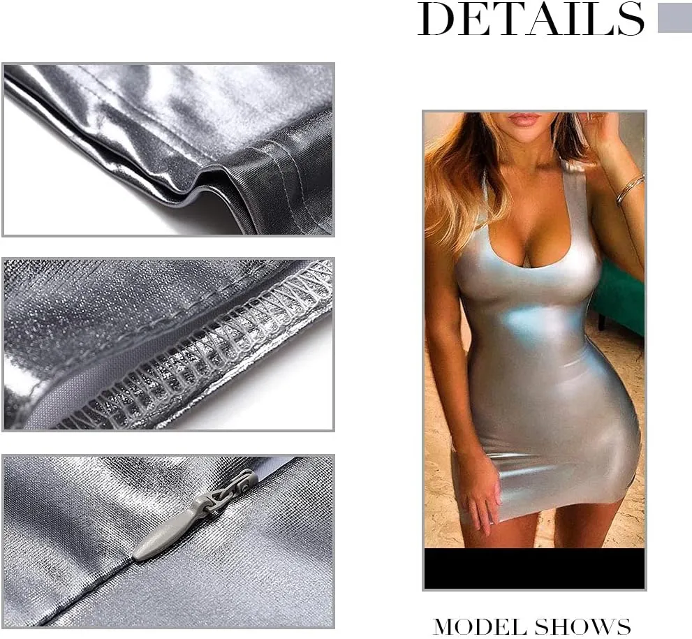 GRAEEN Women's Faux Leather Mini Dress Sleeveless Bodycon Tank Dress Short Leather Scoop Neck Dresses Party Clubwear Dress