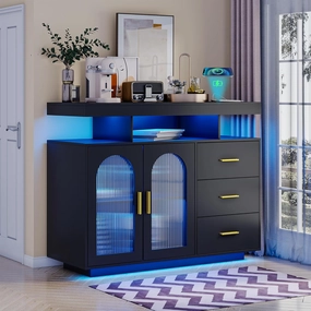 Gurexl 40" LED Buffet Cabinet with Wireless Charging Station,Auto Sensor RGB 20-Color Dimmable Sideboard with Human Body Induction,Sideboards Cabinet with 1 USB&Type-C Port and 3 Drawers