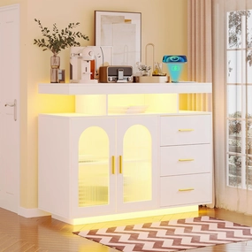 Gurexl 40" LED Buffet Cabinet with Wireless Charging Station,Auto Sensor RGB 20-Color Dimmable Sideboard with Human Body Induction,Sideboards Cabinet with 1 USB&Type-C Port and 3 Drawers