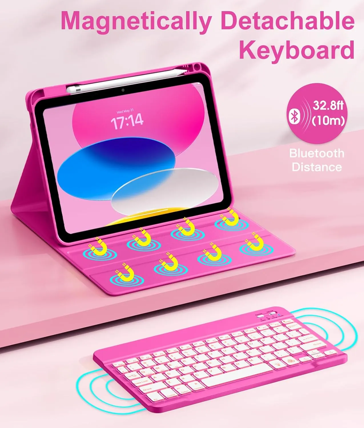 Hamile for iPad 11th 10th Generation Case with Keyboard - 7 Colors Backlit Wireless Detachable Folio Keyboard Cover with Pencil Holder for iPad 11-inch A16 2025 10th Gen 10.9 Inch 2022 (Hot Pink)