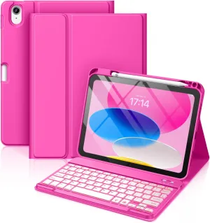 Hamile for iPad 11th 10th Generation Case with Keyboard - 7 Colors Backlit Wireless Detachable Folio Keyboard Cover with Pencil Holder for iPad 11-inch A16 2025 10th Gen 10.9 Inch 2022 (Hot Pink)