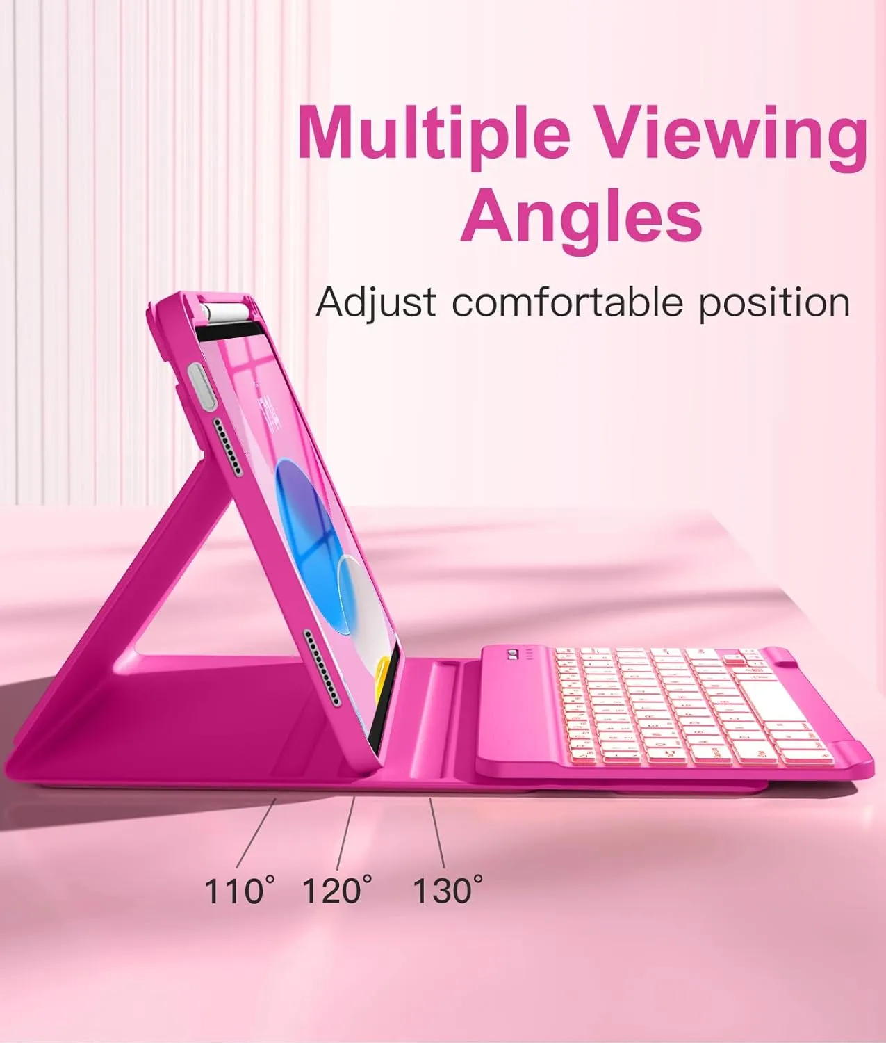 Hamile for iPad 11th 10th Generation Case with Keyboard - 7 Colors Backlit Wireless Detachable Folio Keyboard Cover with Pencil Holder for iPad 11-inch A16 2025 10th Gen 10.9 Inch 2022 (Hot Pink)