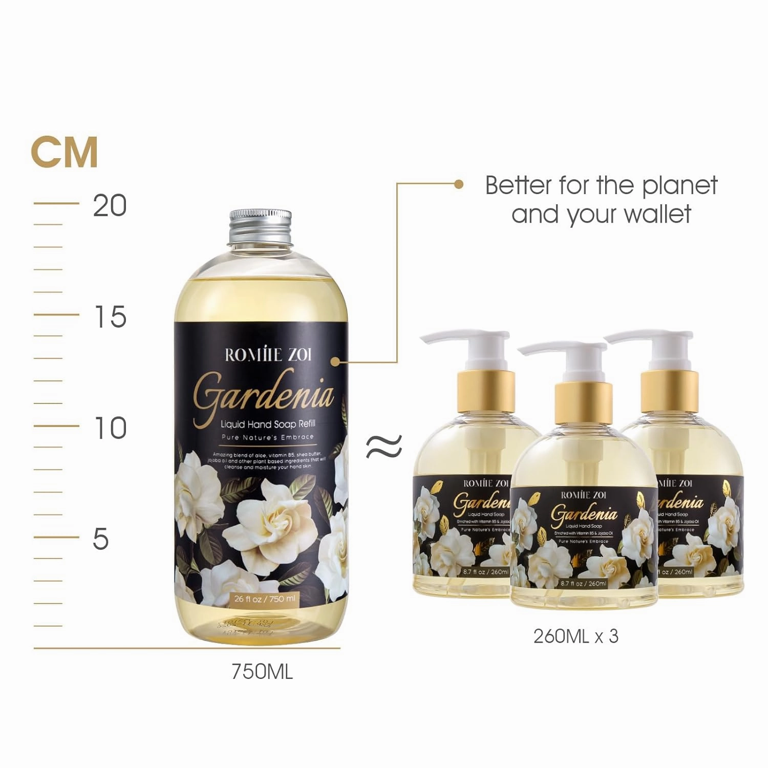 Hand Soap Refills, Gardenia Liquid Hand Soap, Large 750 ML / 26 FL OZ Bottles (Pack of 3), Gentle & Moisturizing Formula, Natural & Cruelty-Free for Kitchen & Bathroom Soap Dispensers