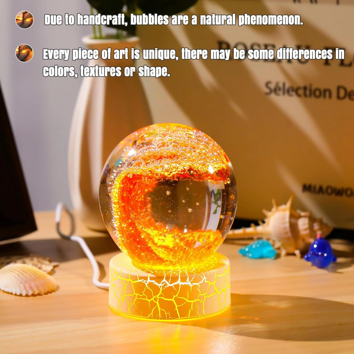 Handmade Glass Ocean Waves Ball Figurines - Hand Blown Sea Decor Orbs - Red with Gold - Paperweight - Aquarium & Home Decor - Collectible Gifts for Ocean Lovers