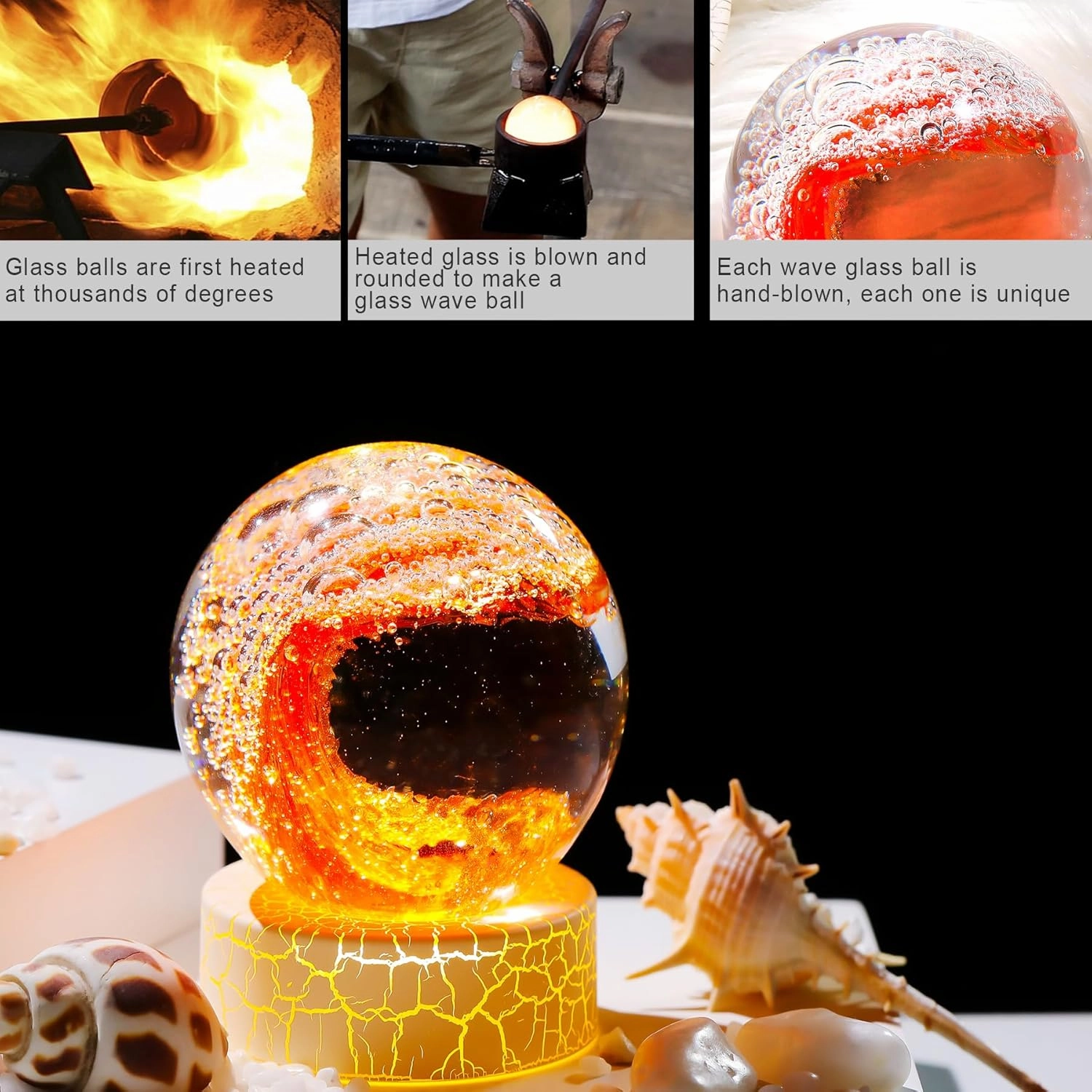 Handmade Glass Ocean Waves Ball Figurines - Hand Blown Sea Decor Orbs - Red with Gold - Paperweight - Aquarium & Home Decor - Collectible Gifts for Ocean Lovers