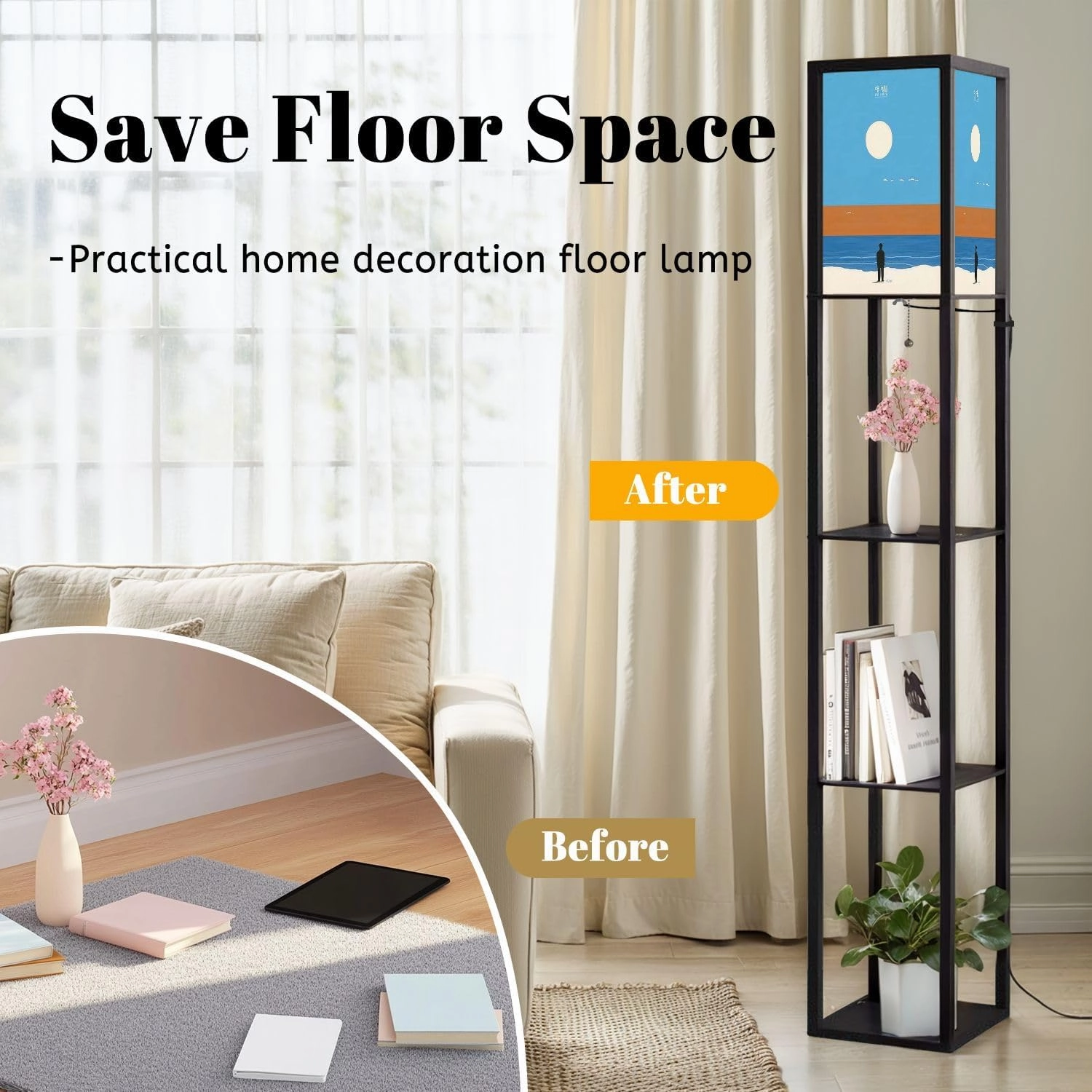 Happy New Year Collection Abstract Winter Landscapes Sunrise sea Floor Lamps with Shelves, Modern Standing Lamp Narrow Corner Display Bookshelf Lamp for Living Room, Bedroom, Office Decor