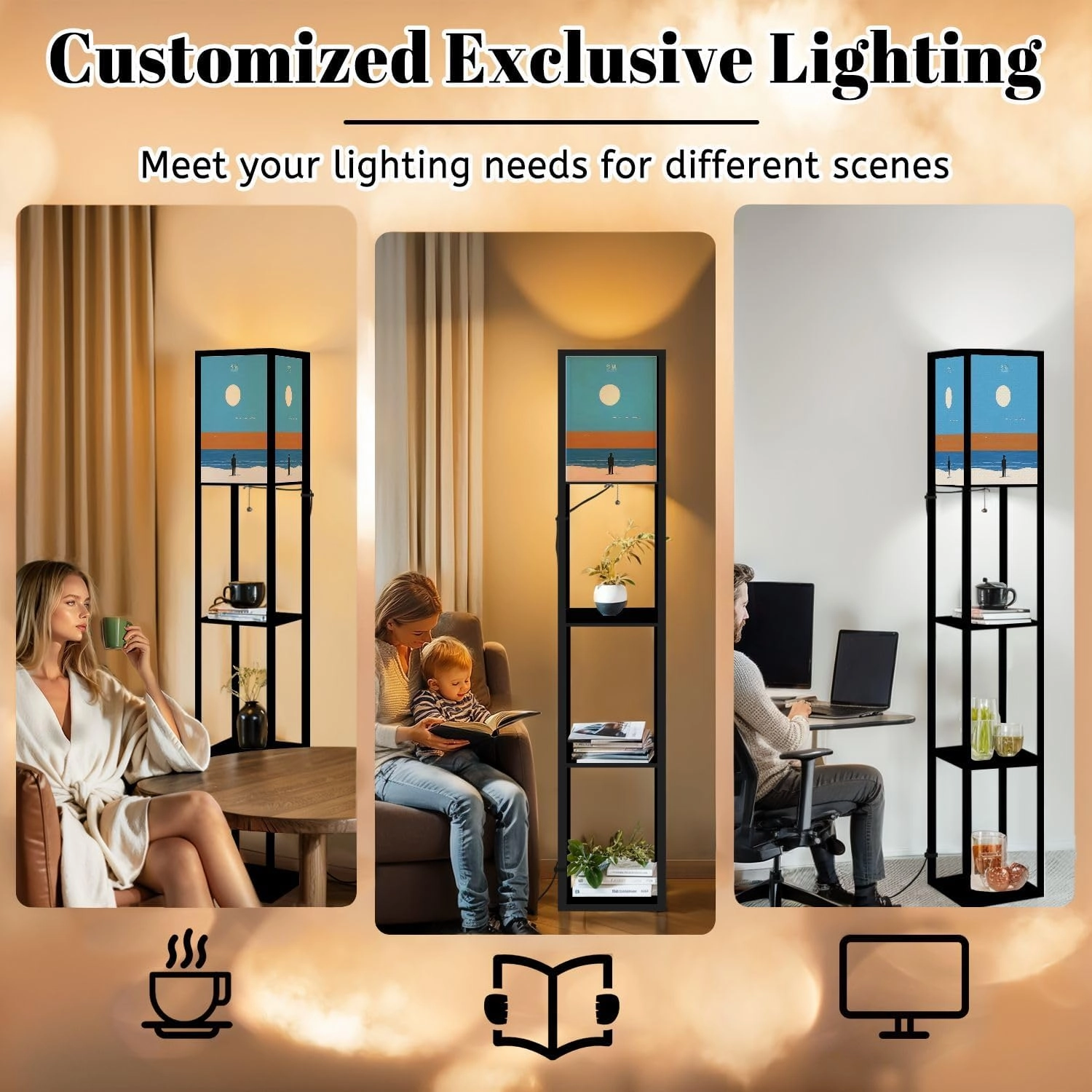 Happy New Year Collection Abstract Winter Landscapes Sunrise sea Floor Lamps with Shelves, Modern Standing Lamp Narrow Corner Display Bookshelf Lamp for Living Room, Bedroom, Office Decor