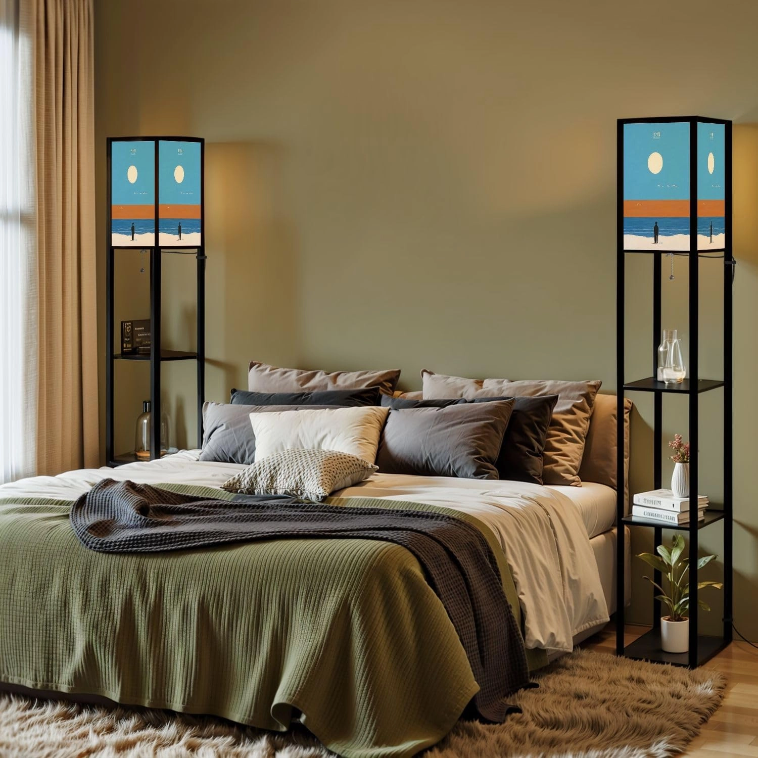 Happy New Year Collection Abstract Winter Landscapes Sunrise sea Floor Lamps with Shelves, Modern Standing Lamp Narrow Corner Display Bookshelf Lamp for Living Room, Bedroom, Office Decor