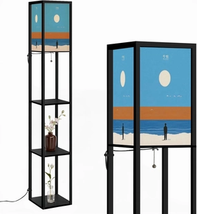 Happy New Year Collection Abstract Winter Landscapes Sunrise sea Floor Lamps with Shelves, Modern Standing Lamp Narrow Corner Display Bookshelf Lamp for Living Room, Bedroom, Office Decor