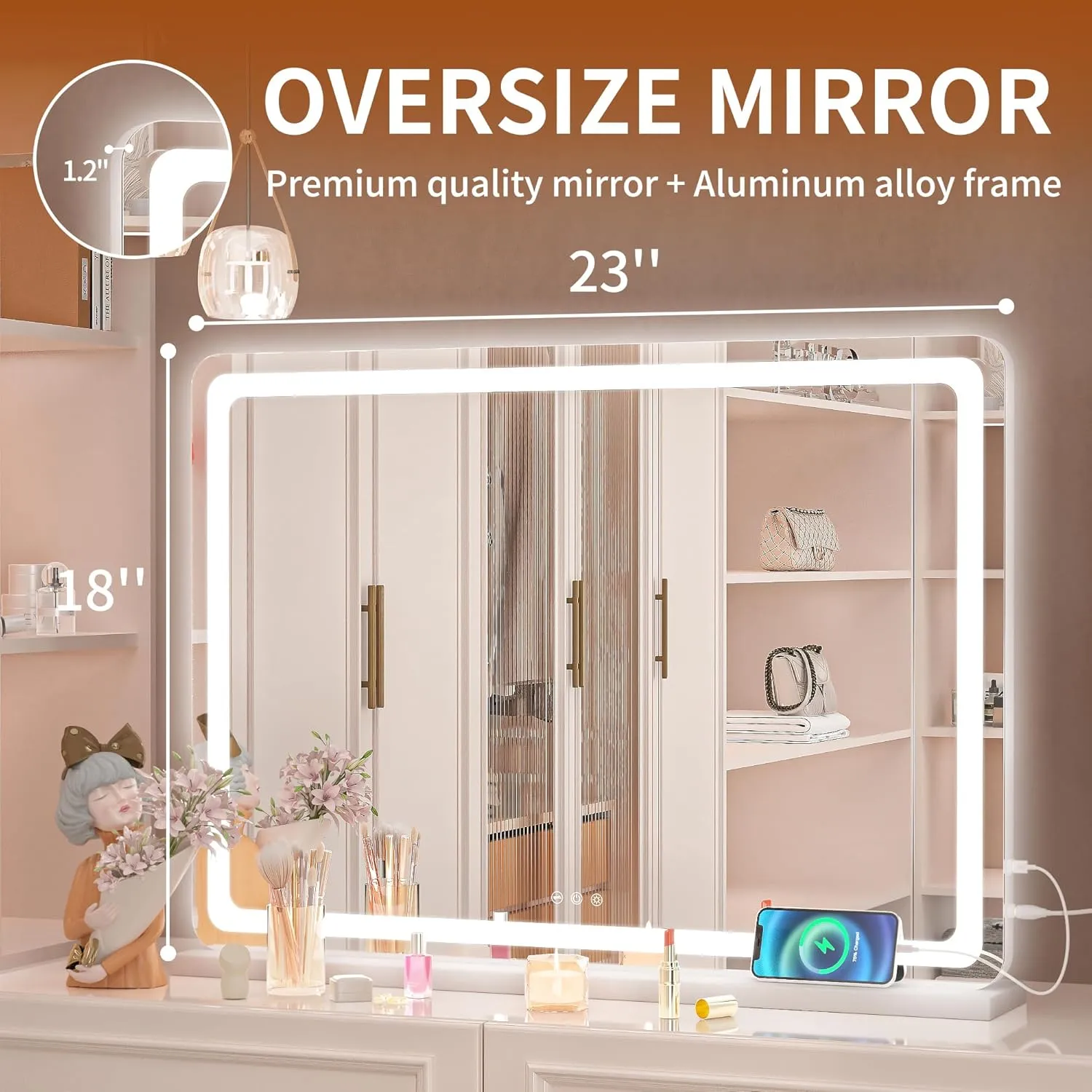 Hasipu Vanity Mirror with Lights, 22.8" x 18" LED Makeup Mirror, Lighted Makeup Mirror with Dimmable 3 Modes, Touch Screen Control Vanity Mirror Round White