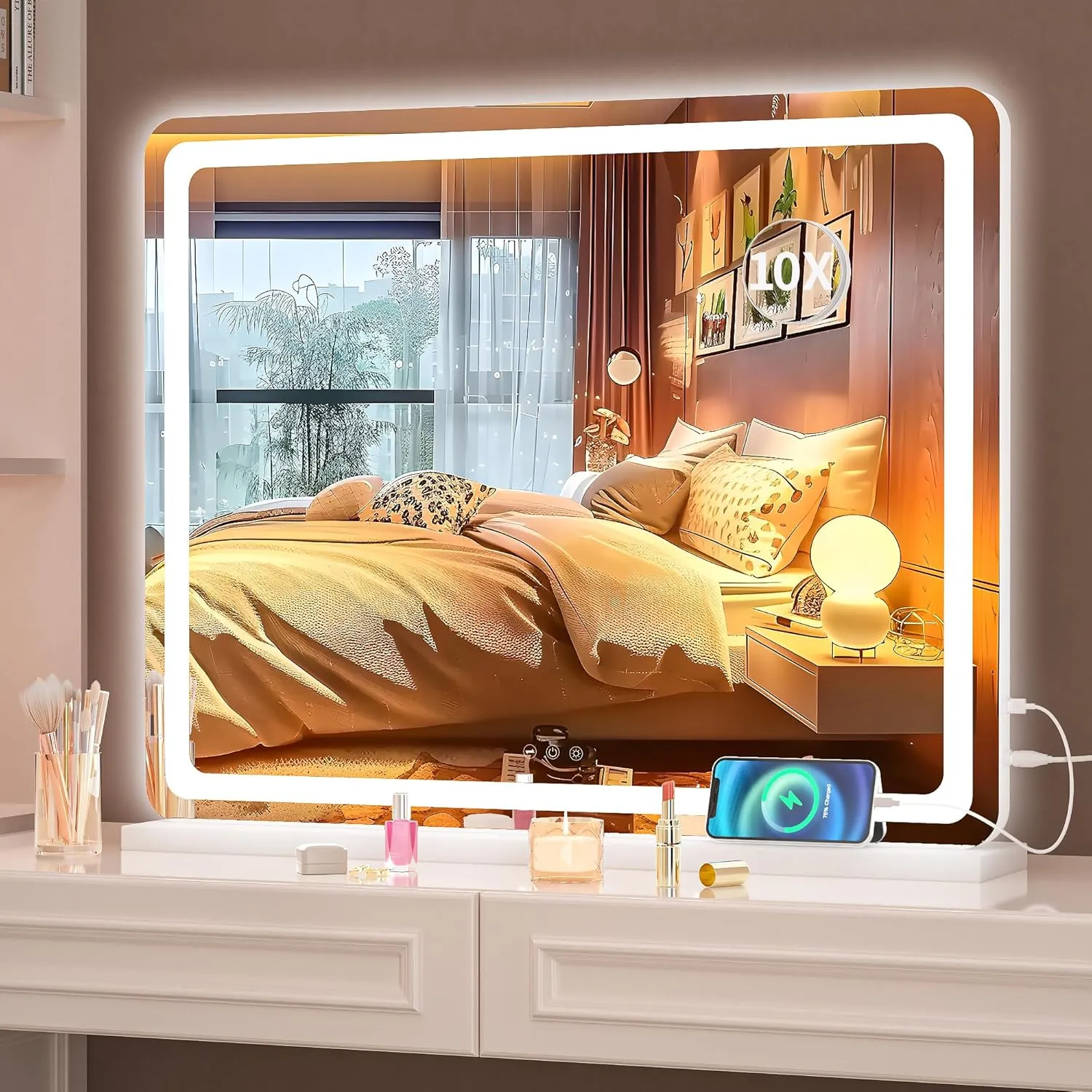 Hasipu Vanity Mirror with Lights, 22.8" x 18" LED Makeup Mirror, Lighted Makeup Mirror with Dimmable 3 Modes, Touch Screen Control Vanity Mirror Round White