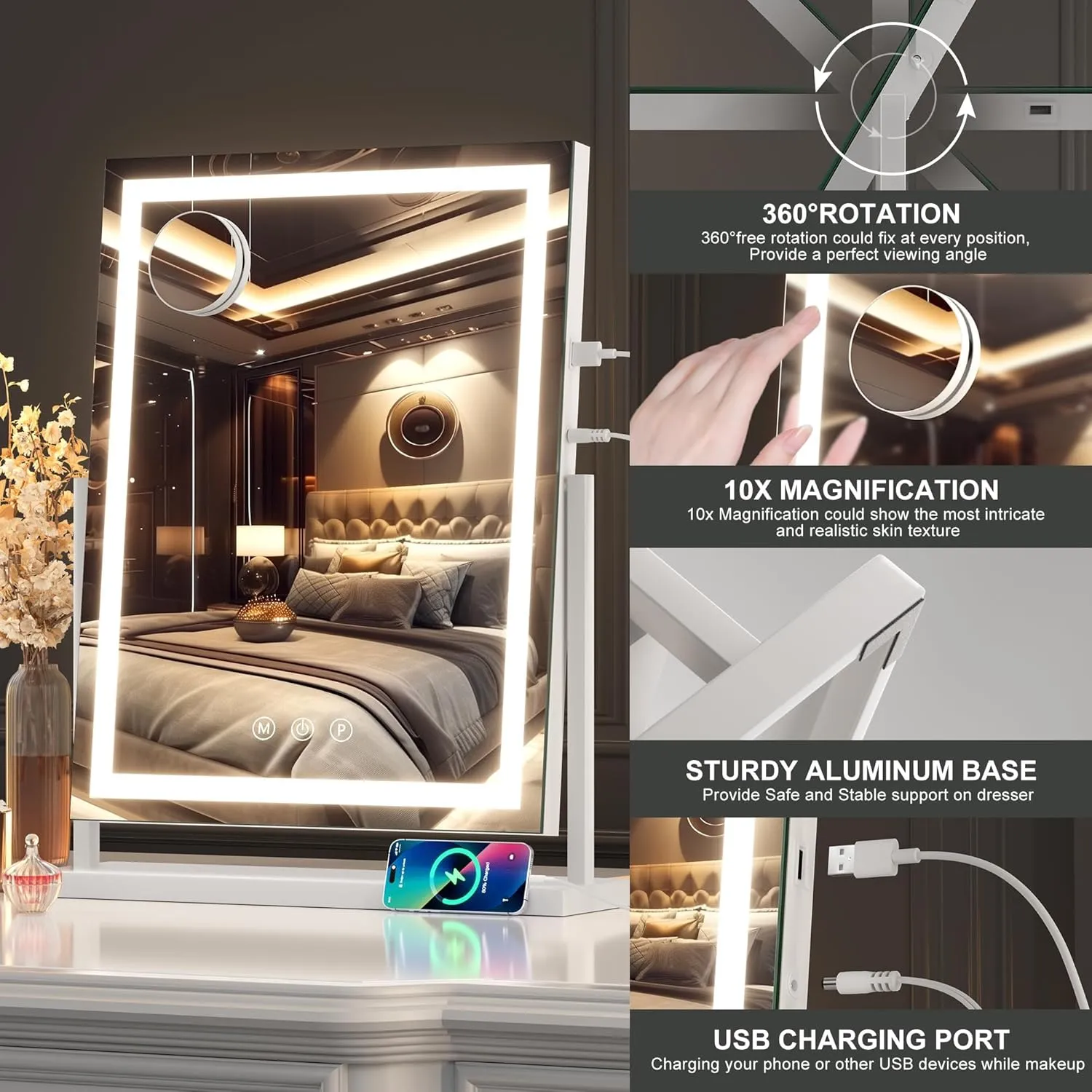 Hasipu Vanity Mirror with Lights, Lighted Makeup Mirror with Bluetooth Speaker and 10X Magnification, Dimmable 3 Modes, Touch Screen Control, Make Up Led Mirror 17x22 Inch