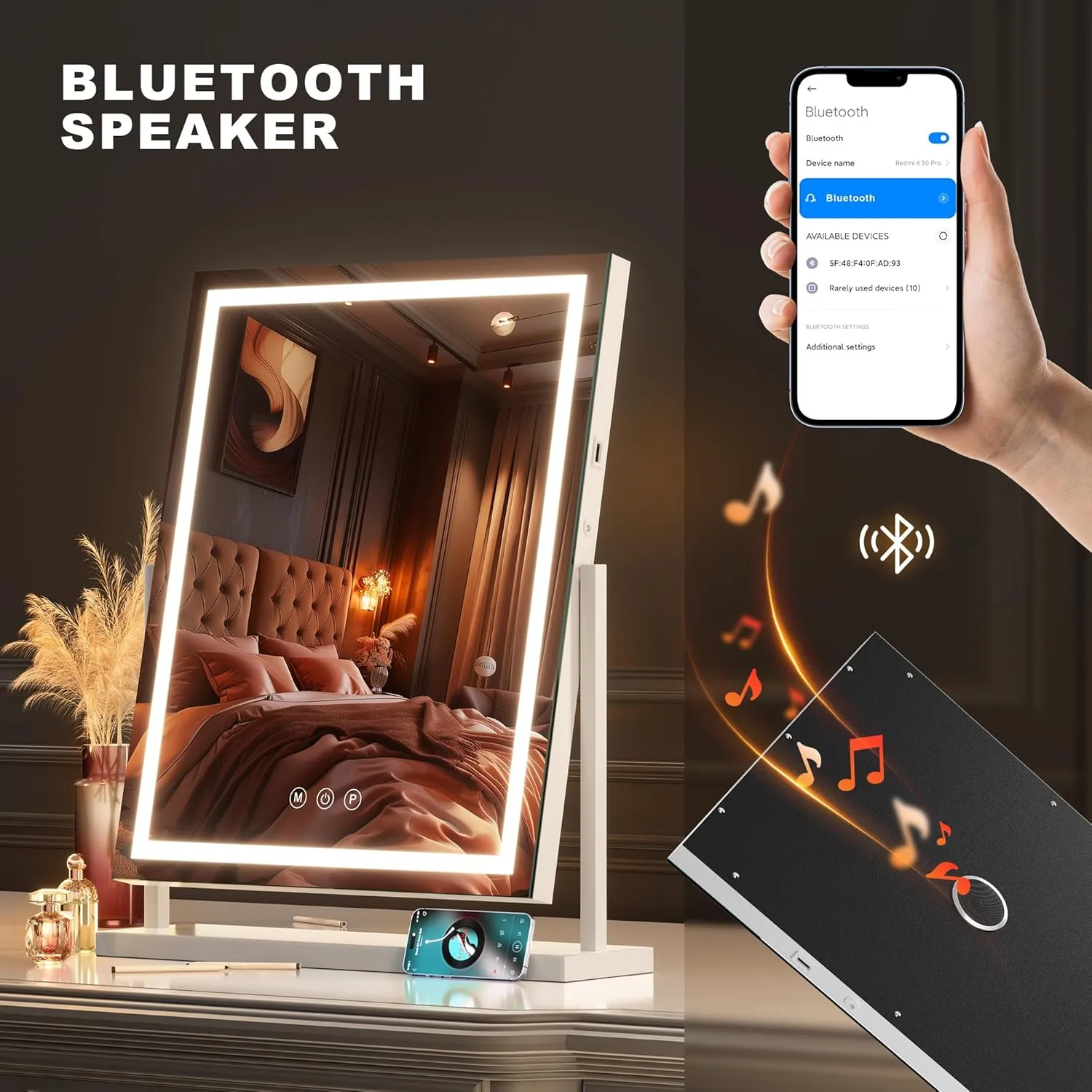 Hasipu Vanity Mirror with Lights, Lighted Makeup Mirror with Bluetooth Speaker and 10X Magnification, Dimmable 3 Modes, Touch Screen Control, Make Up Led Mirror 17x22 Inch
