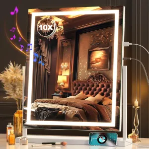 Hasipu Vanity Mirror with Lights, Lighted Makeup Mirror with Bluetooth Speaker and 10X Magnification, Dimmable 3 Modes, Touch Screen Control, Make Up Led Mirror 17x22 Inch