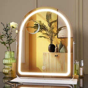 Hasipu Vanity Mirror with Lights, 12"× 13.8" Arched LED Makeup Tabletop Mirror, Lighted Makeup Mirror with Lights, Smart Touch Control Dimmable 3 Modes Light 360°Rotation White