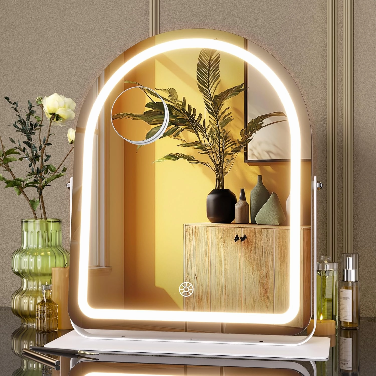 Hasipu Vanity Mirror with Lights, 12"× 13.8" Arched LED Makeup Tabletop Mirror, Lighted Makeup Mirror with Lights, Smart Touch Control Dimmable 3 Modes Light 360°Rotation White