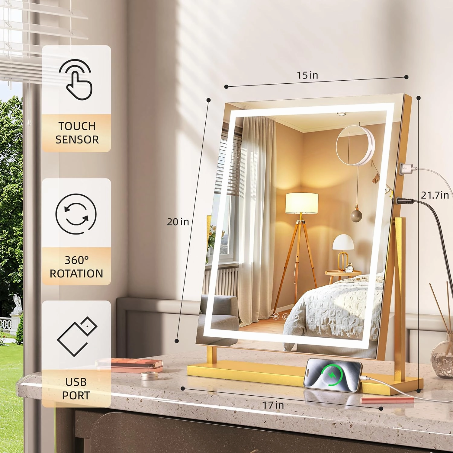 Hasipu Vanity Mirror with Lights, 17" x 22" LED Makeup Mirror, Light up Mirror with Smart Touch 3 Color Modes and Brightness Adjustment, 10X Magnifying Glass,360° Rotation