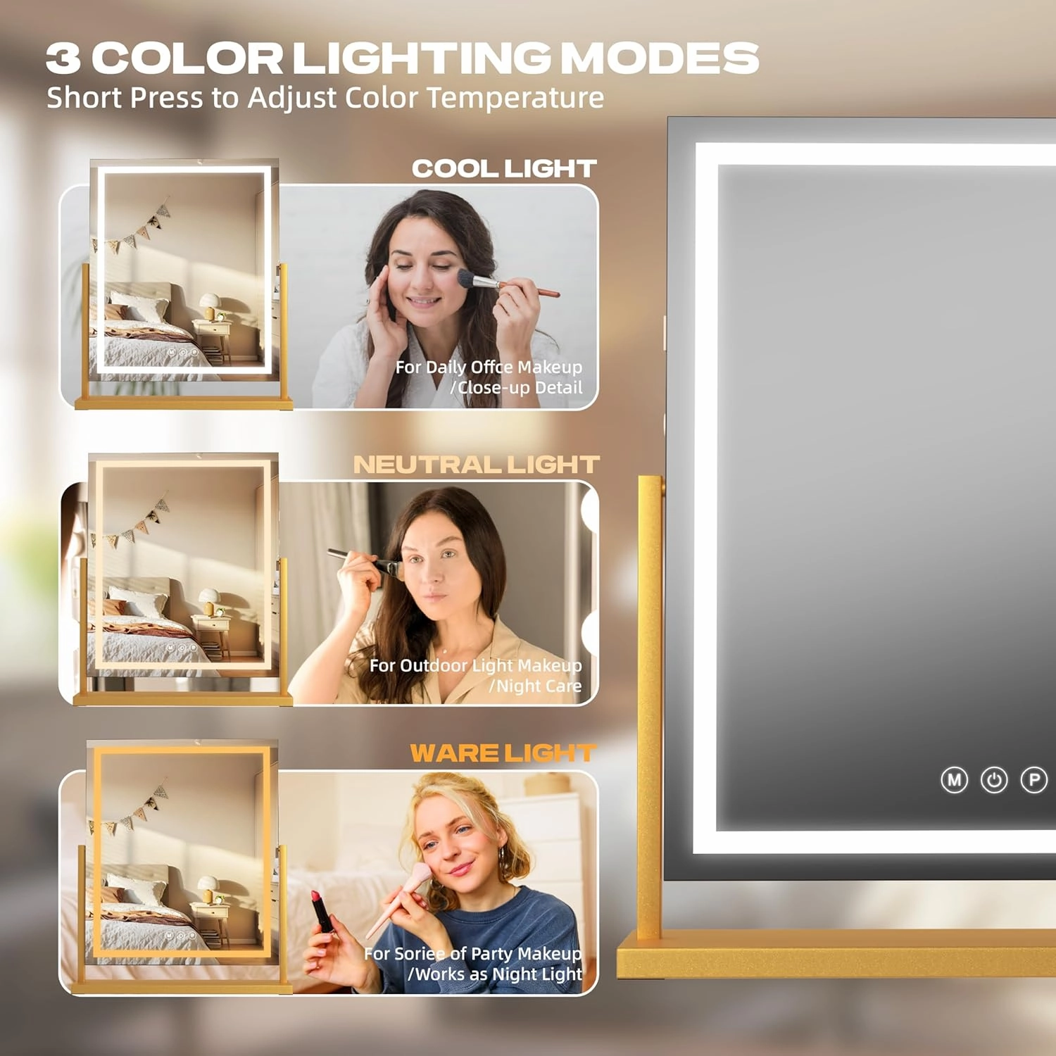 Hasipu Vanity Mirror with Lights, 17" x 22" LED Makeup Mirror, Light up Mirror with Smart Touch 3 Color Modes and Brightness Adjustment, 10X Magnifying Glass,360° Rotation