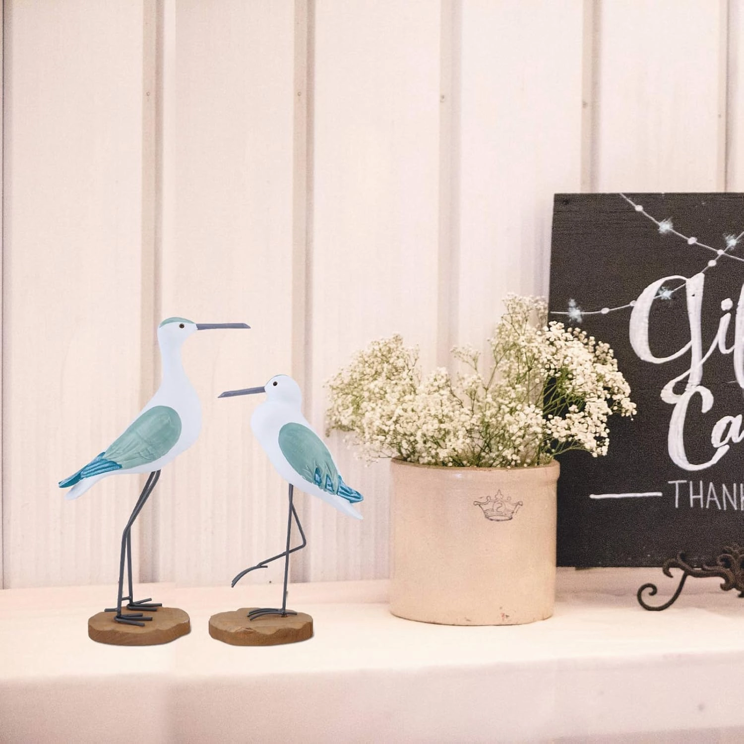 HEALLILY 2pcs Coastal Decor Wooden Seagull Figurine Bird Statue Nautical Coastal Ocean Home Decoration Green