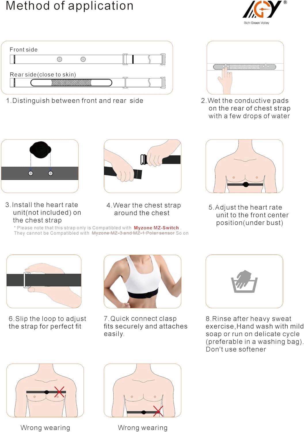 Heart Rate Monitor Replacement Strap, Adjustable Chest Band Compatible with Myzone MZ-SWITCH Black