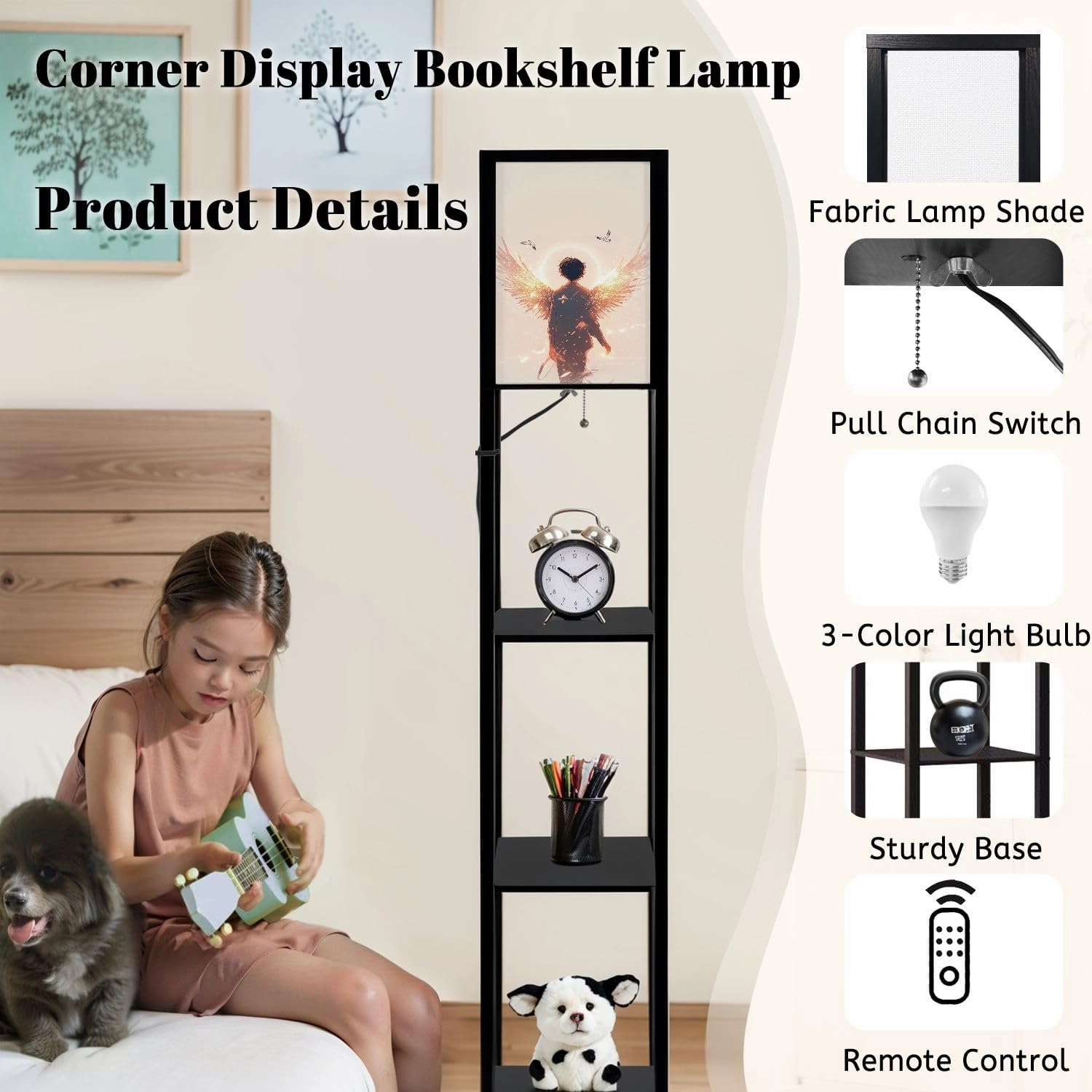 Heavenly Angel Art Luminescent Gold Silver Wings Floor Lamps with Shelves, Modern Standing Lamp Narrow Corner Display Bookshelf Lamp for Living Room, Bedroom, Office Decor