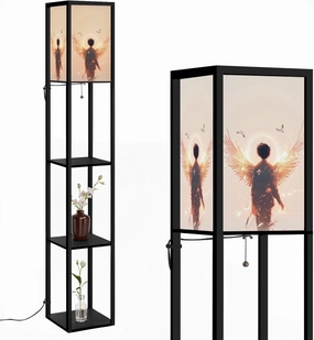 Heavenly Angel Art Luminescent Gold Silver Wings Floor Lamps with Shelves, Modern Standing Lamp Narrow Corner Display Bookshelf Lamp for Living Room, Bedroom, Office Decor
