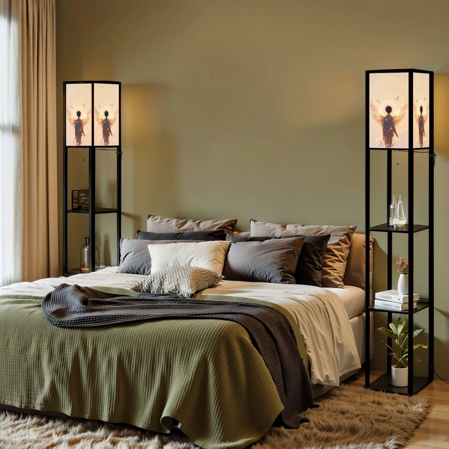 Heavenly Angel Art Luminescent Gold Silver Wings Floor Lamps with Shelves, Modern Standing Lamp Narrow Corner Display Bookshelf Lamp for Living Room, Bedroom, Office Decor
