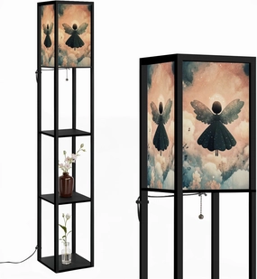 Heavenly Tranquility Starry Nimbus Angel Poster Floor Lamps with Shelves, Modern Standing Lamp Narrow Corner Display Bookshelf Lamp for Living Room, Bedroom, Office Decor